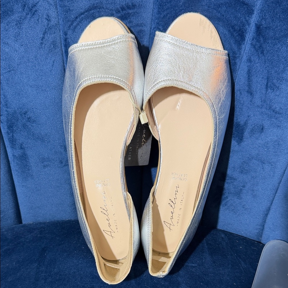 Avellini Leather Women's Silver Peep-Toe Flats Size EU38 US7 NWT Made in Italy